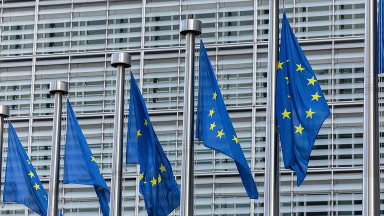 Europäische Fahnen vor einem Gebäude der europäischen Union
