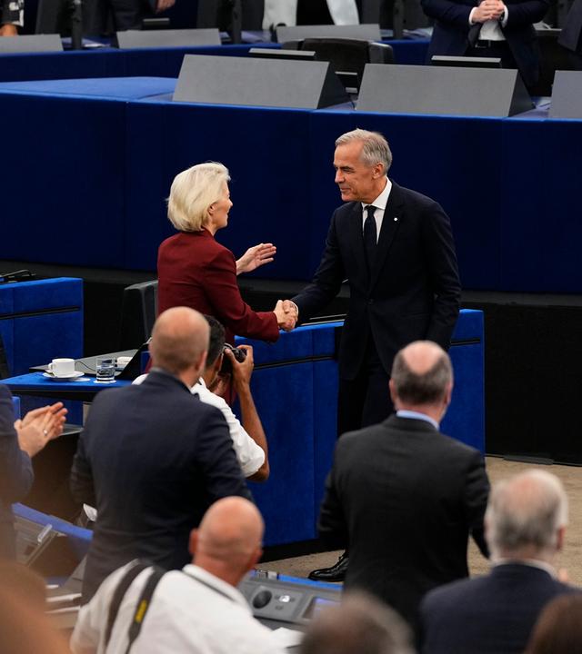 Prime Minister Mark Carney shakes hands with European Commission President Ursula von der Leyen after his address to the European Parliament in Strasbourg, France, on Thursday, Sept. 17, 2026.