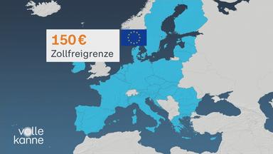 Auf der Weltkarte ist die EU blau hervorgehoben. Links steht "150 Euro Zollfreigrenze".