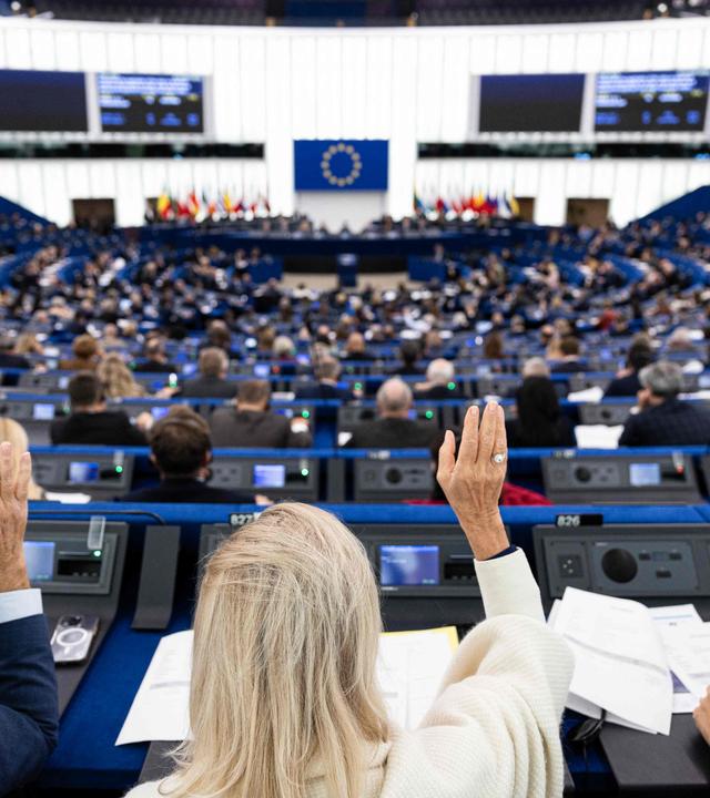 EU-Parlament in Straßburg. Abgeordnete heben ihre Hand in einer Abstimmung