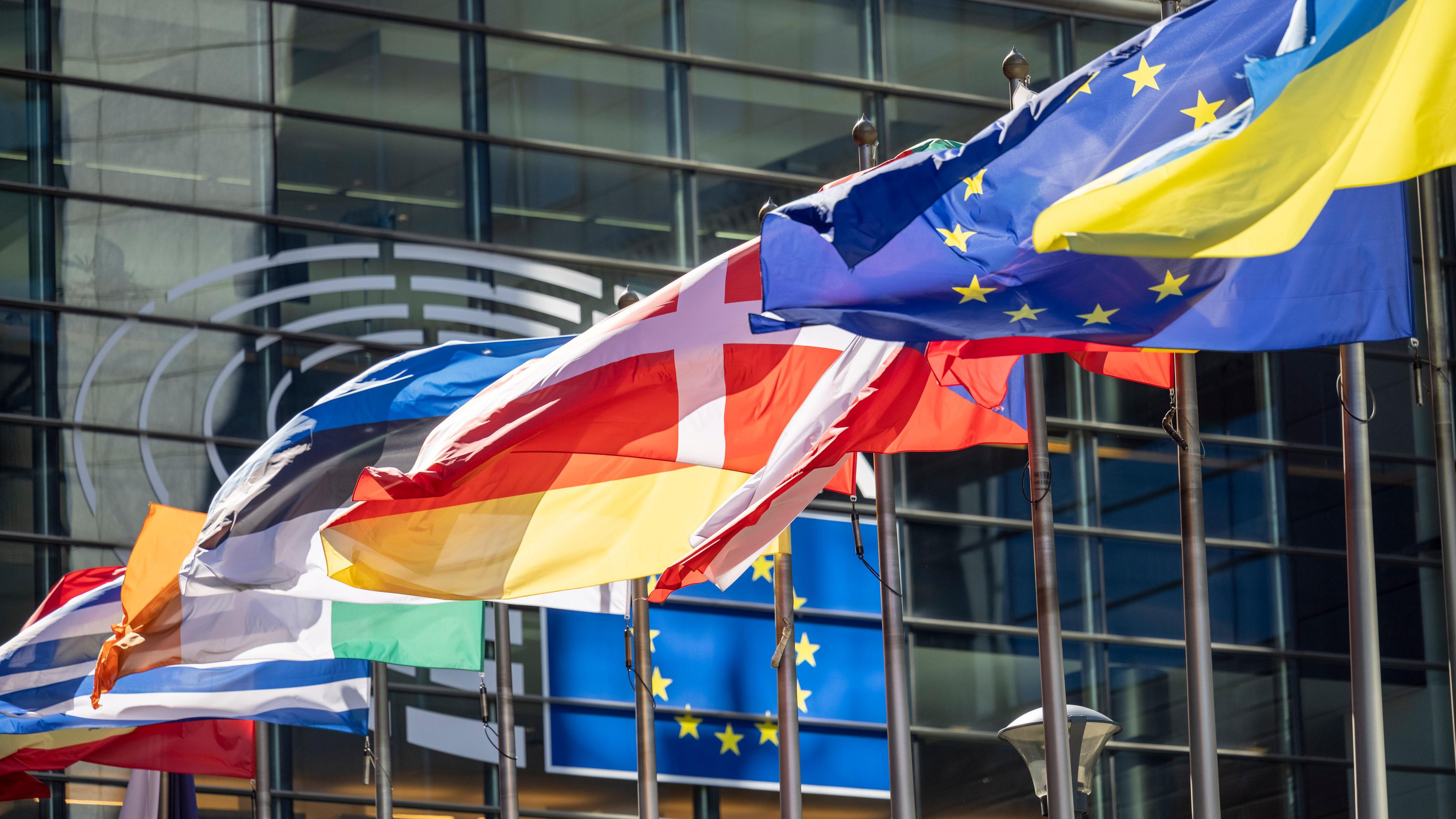 Die Flaggen der europäischen Mitgliedsstaaten wehen vor dem Gebäude des Europäischen Parlaments in Brüssel.