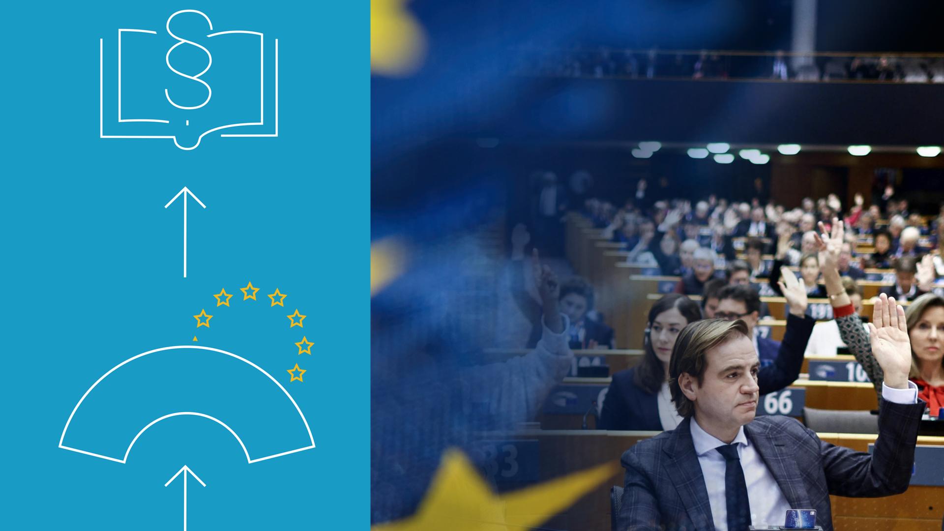 Foto EU-Parlament bei Abstimmung und Grafik zu den Aufgaben des EU-Parlamentes