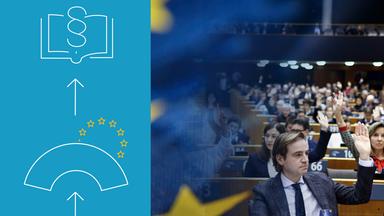 Foto EU-Parlament bei Abstimmung und Grafik zu den Aufgaben des EU-Parlamentes