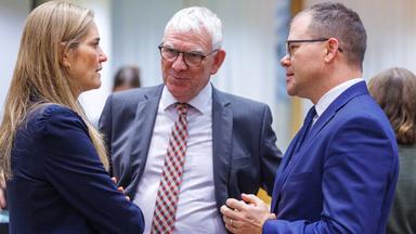  3rd Vice-President and Minister of the Environment of Spain Sara Aagesen, German State Secretary at the Ministry for the Environment, Climate Action, Nature Conservation and Nuclear Safety Jochen Flasbarth and Minister of the Environment, Nature Conservation and Nuclear Safety of Germany Carsten Schneider at the European Environment Council meeting in Brussels, Belgium, 04 November 2025. European environment ministers are in Brussels to discuss the European Climate Law amendment and the urgent need for postponement and substantive simplification of the EU Deforestation Regulation.
