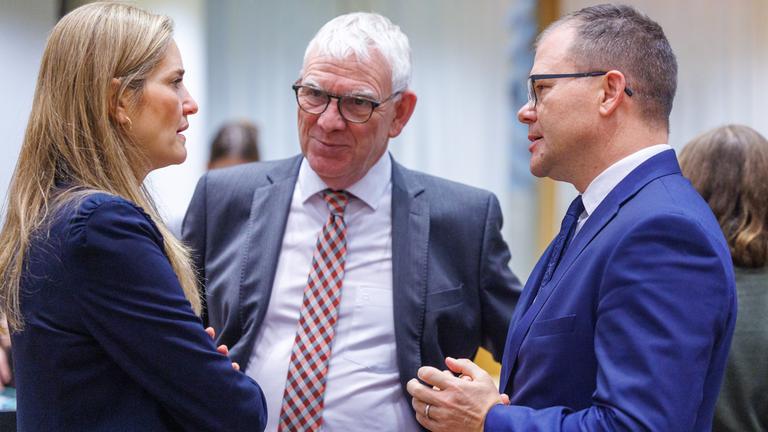  3rd Vice-President and Minister of the Environment of Spain Sara Aagesen, German State Secretary at the Ministry for the Environment, Climate Action, Nature Conservation and Nuclear Safety Jochen Flasbarth and Minister of the Environment, Nature Conservation and Nuclear Safety of Germany Carsten Schneider at the European Environment Council meeting in Brussels, Belgium, 04 November 2025. European environment ministers are in Brussels to discuss the European Climate Law amendment and the urgent need for postponement and substantive simplification of the EU Deforestation Regulation.