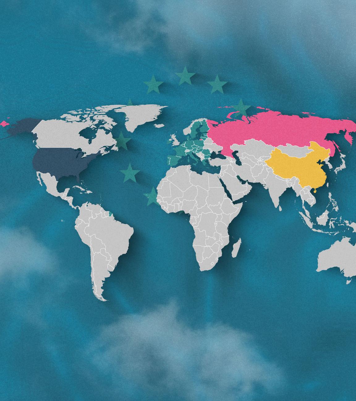 Weltkarte, auf der EU, USA, Russland und China hervorgehoben sind