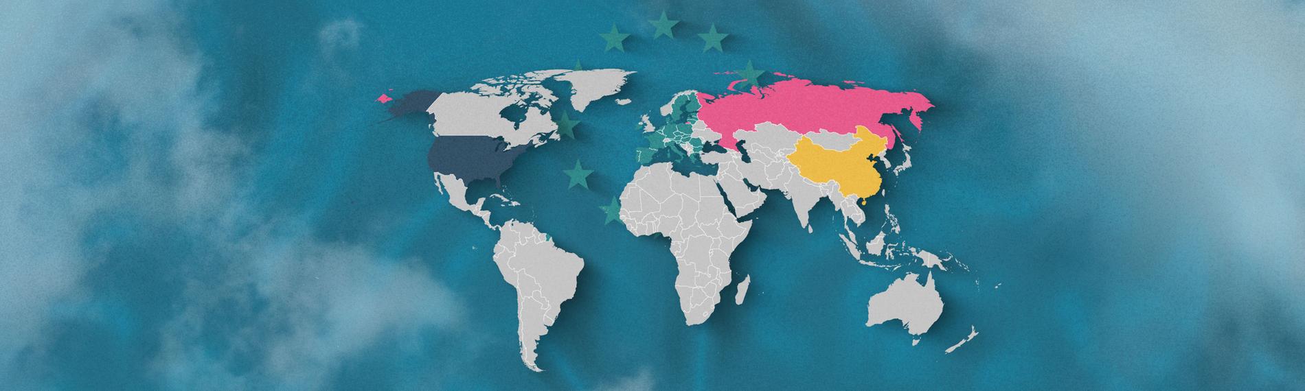 Weltkarte, auf der EU, USA, Russland und China hervorgehoben sind