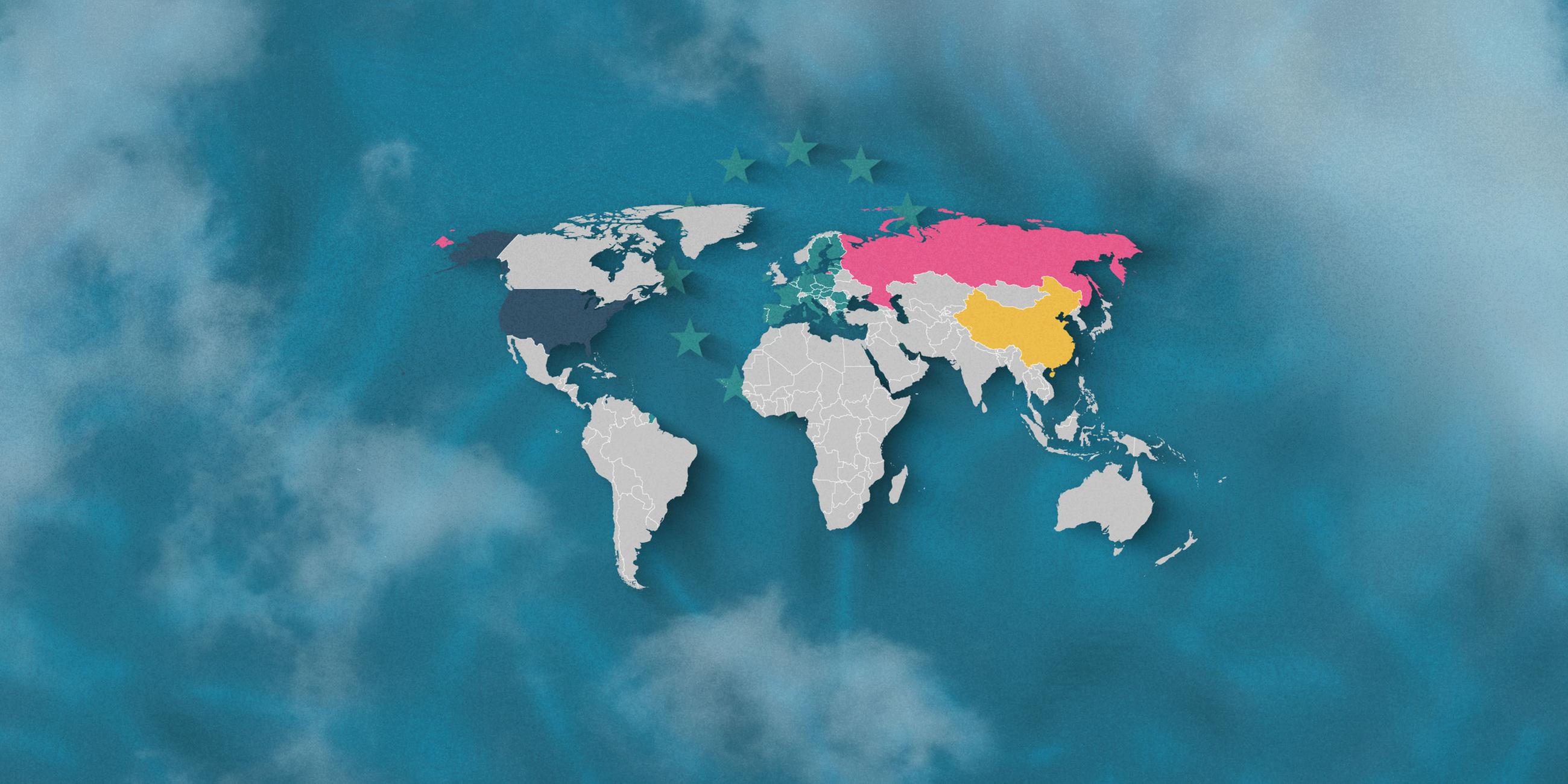 Weltkarte, auf der EU, USA, Russland und China hervorgehoben sind