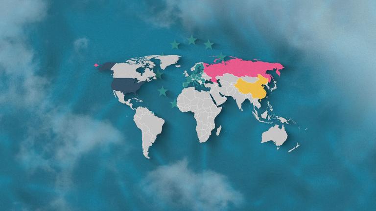 Weltkarte, auf der EU, USA, Russland und China hervorgehoben sind
