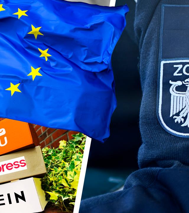 Fotomontage - Pakete chinesischer Onlinehändler neben Zollbeamten und EU-Flagge