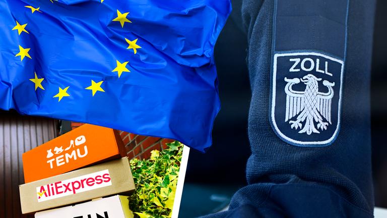 Fotomontage - Pakete chinesischer Onlinehändler neben Zollbeamten und EU-Flagge