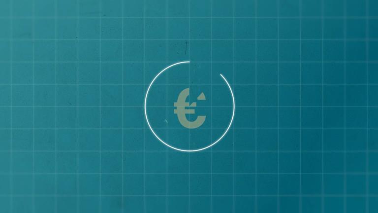 Auf der Illustration ist eine Münze mit einem Euro Zeichen in der Mitte. Die Münze und das Euro Zeichen bröckeln oben rechts.