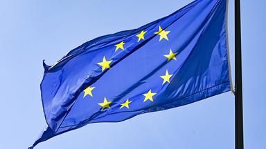 Die Europaflagge weht vor blauem Himmel. 