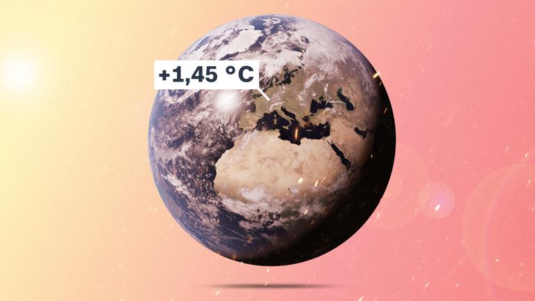 Das Bild zeigt unseren Planeten. Europa als Kontinent ist klar zu erkennen - dazu das Label, dass es auf dem Kontinent im Schnitt um 1,45 Grad Celsius wärmer ist als noch vor 30 Jahren.
