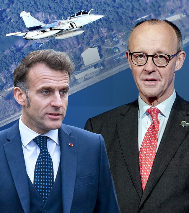 Merz und Macron vor zwei Kampfjets über dem Meer fliegend 