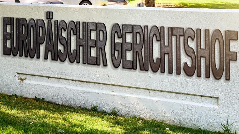 Europäischer Gerichtshof EuGH, steht auf einer Mauer auf Stein. 