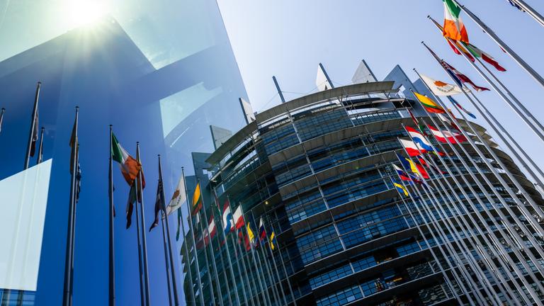 Die Flaggen der Europäischen Union und einiger ihrer Mitgliedsstaaten wehen vor dem Europäischen Parlament. 