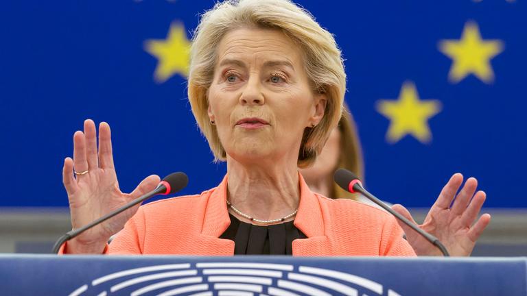 Frankreich, Straßburg: Die Präsidentin der Europäischen Kommission Ursula von der Leyen hält eine Rede während einer Plenarsitzung im Europäischen Parlament, in der ein Misstrauensantrag gegen die Europäische Kommission debattiert wird.