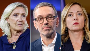 Eine Collage aus den Portraits von Marine Le Pen, Herbert Kickl und Giorgia Meloni