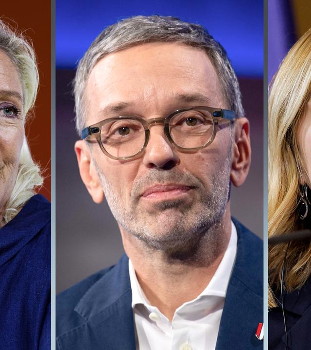 Eine Collage aus den Portraits von Marine Le Pen, Herbert Kickl und Giorgia Meloni