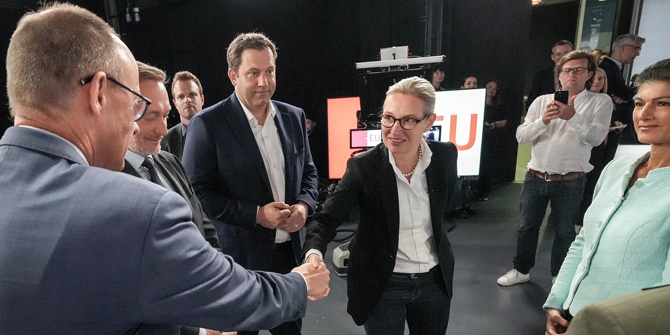V.l.n.r.: Friedrich Merz (CDU), Christian Lindner (FDP), Lars Klingbeil (SPD), Alice Weidel (AfD), und Sahra Wagenknecht (BSW) am 09.06.2024
