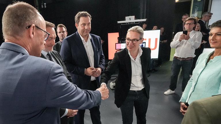 V.l.n.r.: Friedrich Merz (CDU), Christian Lindner (FDP), Lars Klingbeil (SPD), Alice Weidel (AfD), und Sahra Wagenknecht (BSW) am 09.06.2024