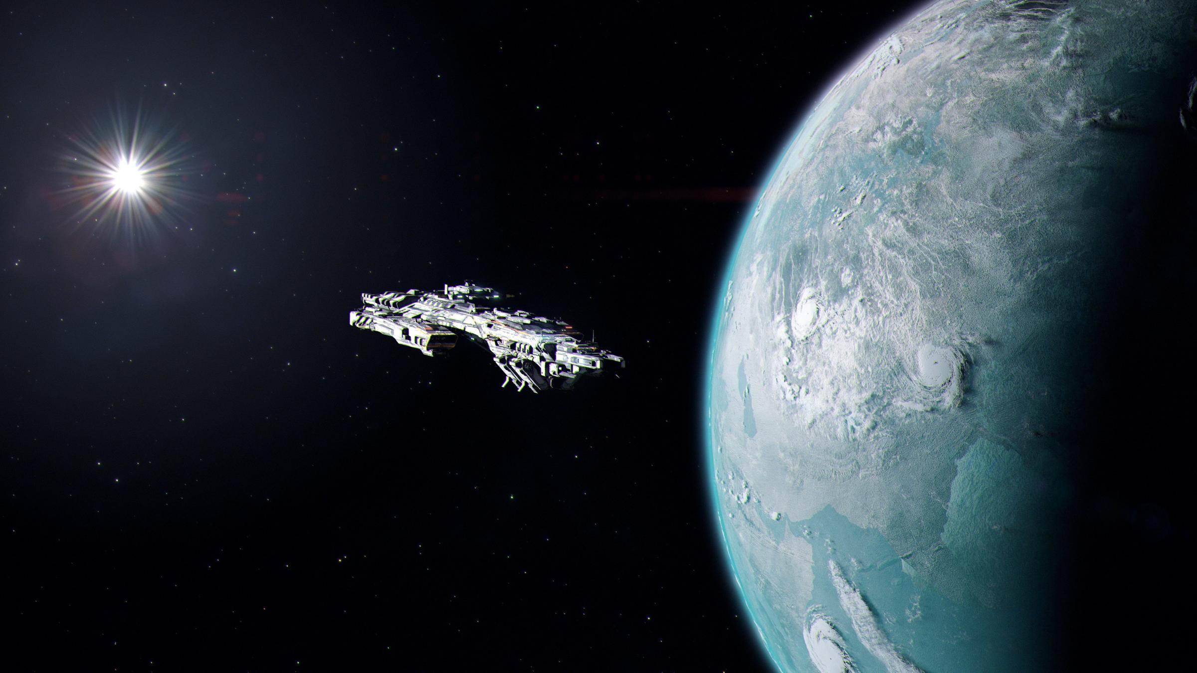 Ein großes futuristisches Raumschiff gleitet vor einem Exoplaneten.