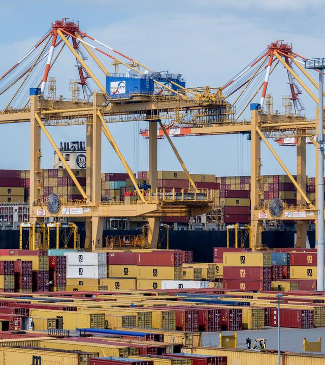Containerbrücken stehen auf dem Gelände von MSC Gate im Containerterminal in Bremerhaven.