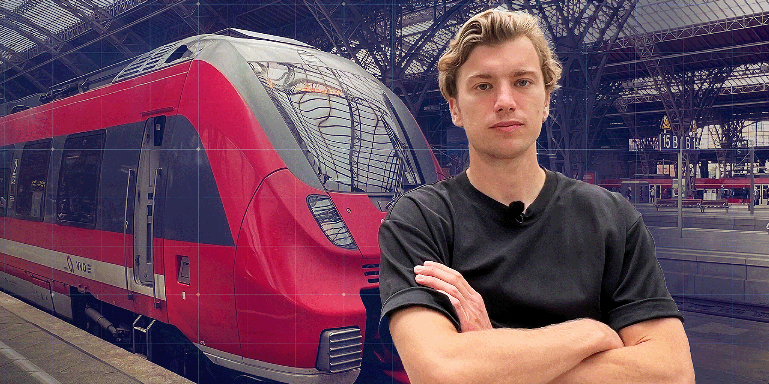 Fabian Herriger im Bahnhof vor Fernverkehrszug stehend
