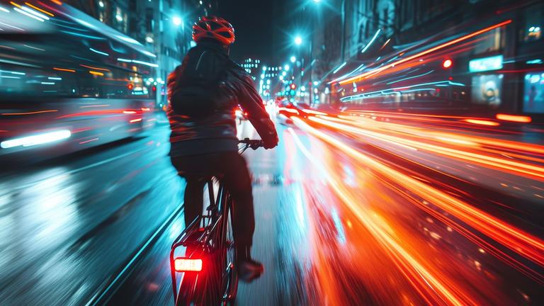 Ein Fahrradfahrer im Dunkeln auf einer Straße, links und rechts neben ihm durch Langzeitbelichtung hervorgerufene Lichtstreifen-Effekte von Auto-Rücklichtern.