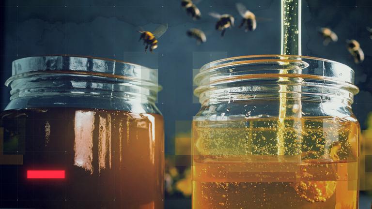 Bildmontage: Zwei Honiggläser mit Zuckersirup gestrecktem Honig, um die Bienen fliegen