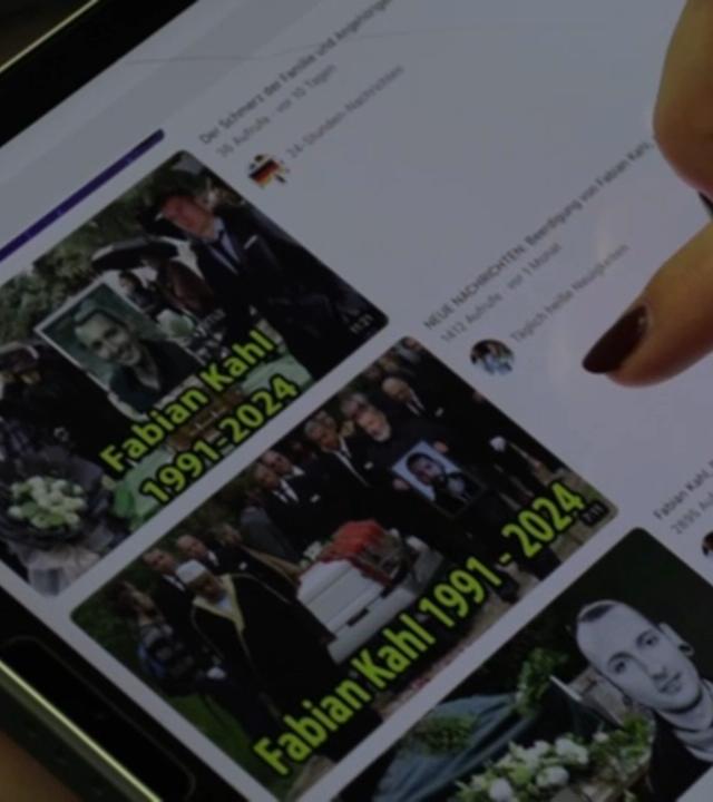 Tablet auf dem YouTube-Videos mit der Überschrift "Fabian Kahl 1991-2024" zu sehen sind