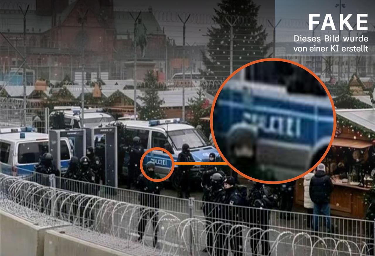 Der Schriftzug "Polizei" ist nicht lesbar - ein typischer Fehler, den KIs bei der Bildgenerierung machen