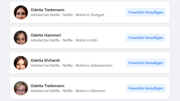 Mehrere Fake-Profile bei Facebook mit dem Namen "Odetta"