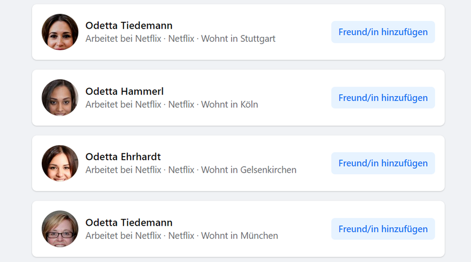 Mehrere Fake-Profile bei Facebook mit dem Namen "Odetta"