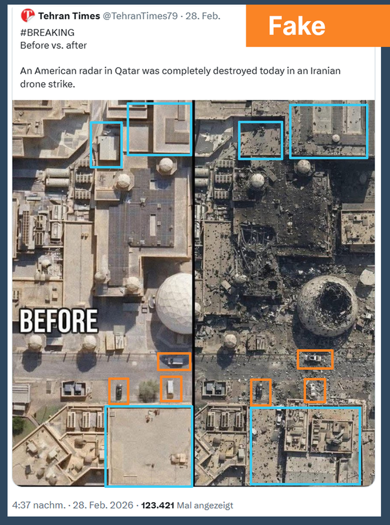 Gefälschte Satelitenbilder einer beschossenen Radarstation in Bahrain