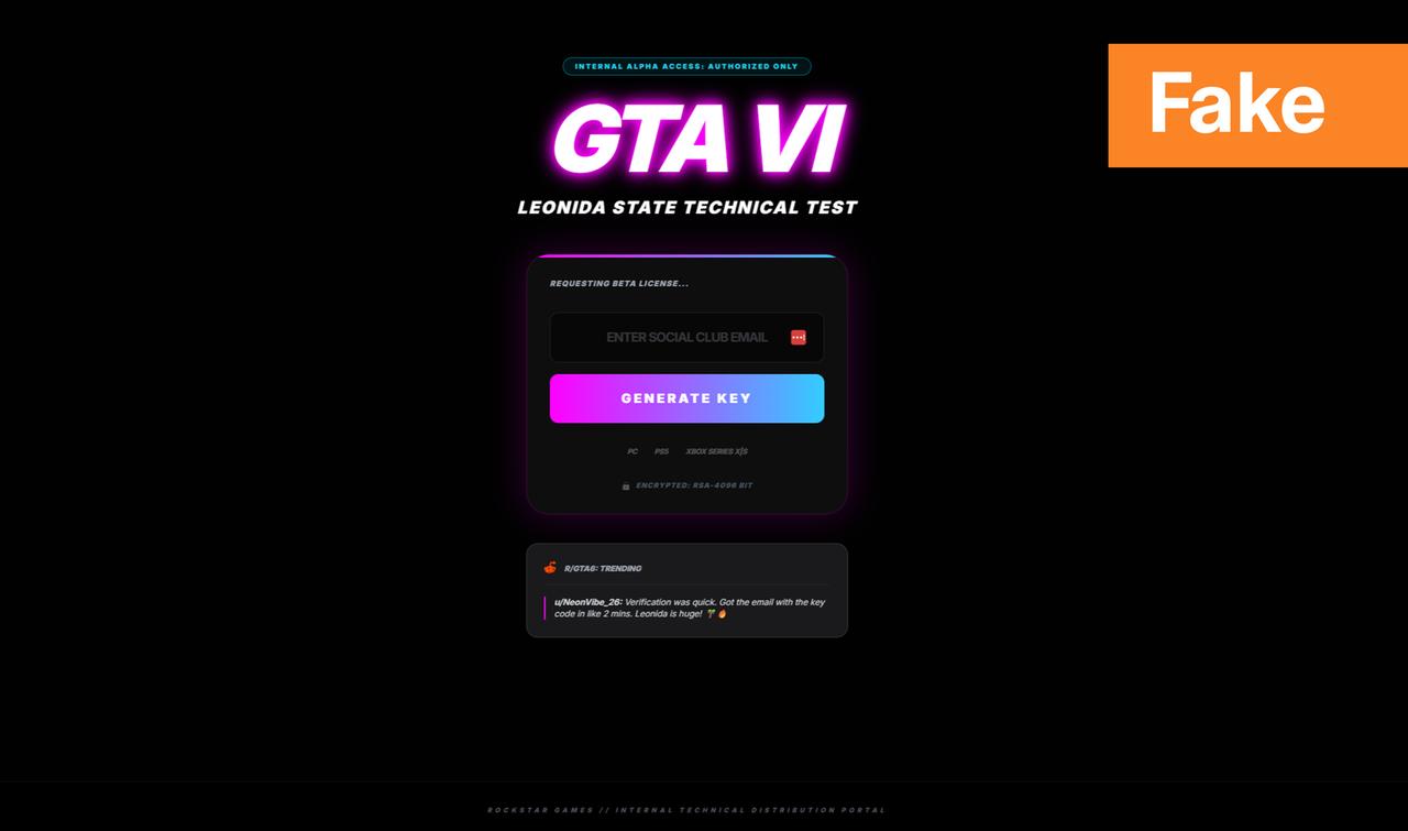 Fake-Webseite rund um das Videospiel GTA 6