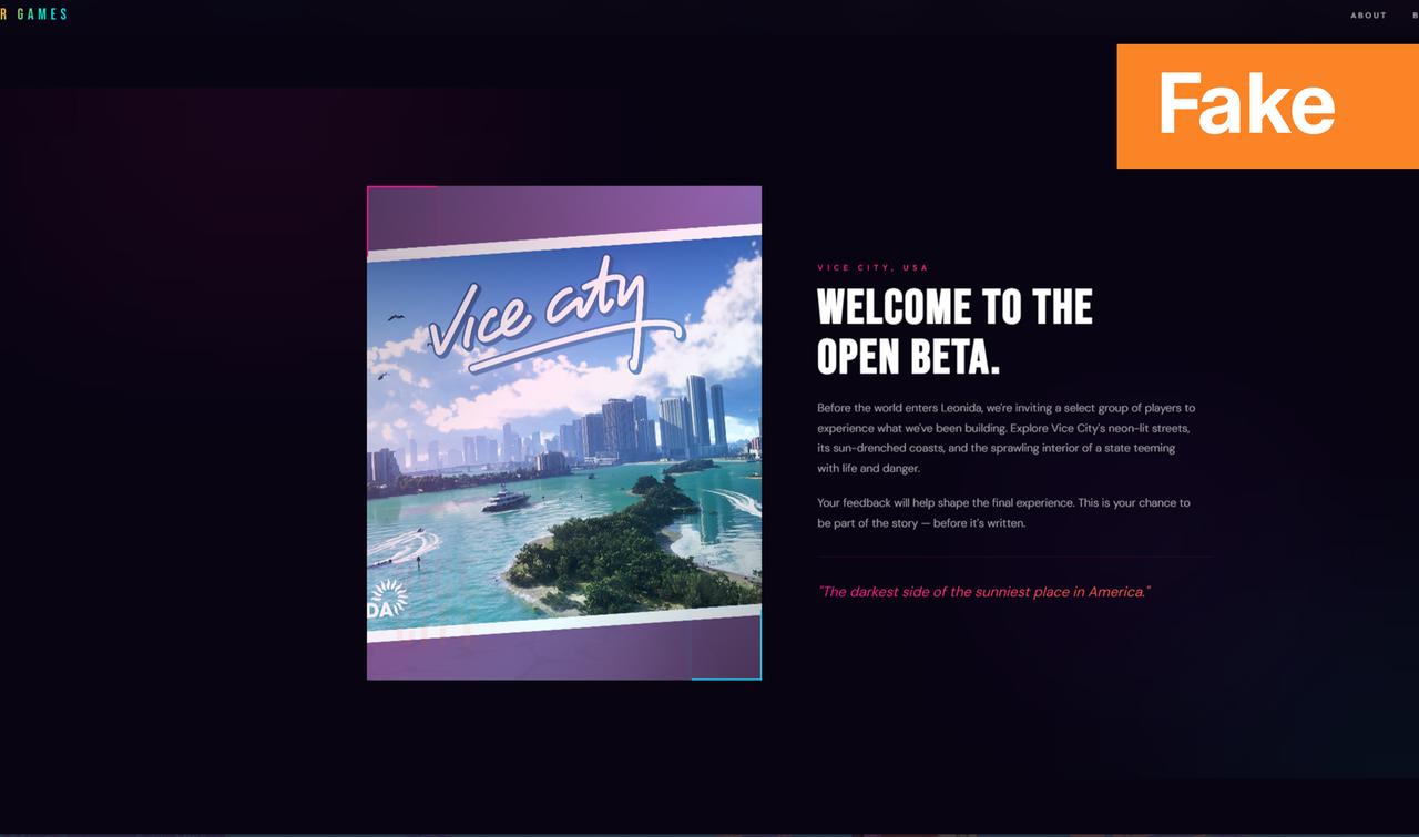 Fake-Webseite rund um das Videospiel GTA 6