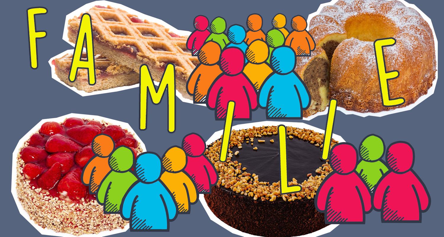 Mehrere Kuchen, Grafiken von Menschengruppen und der Schriftzug Familie