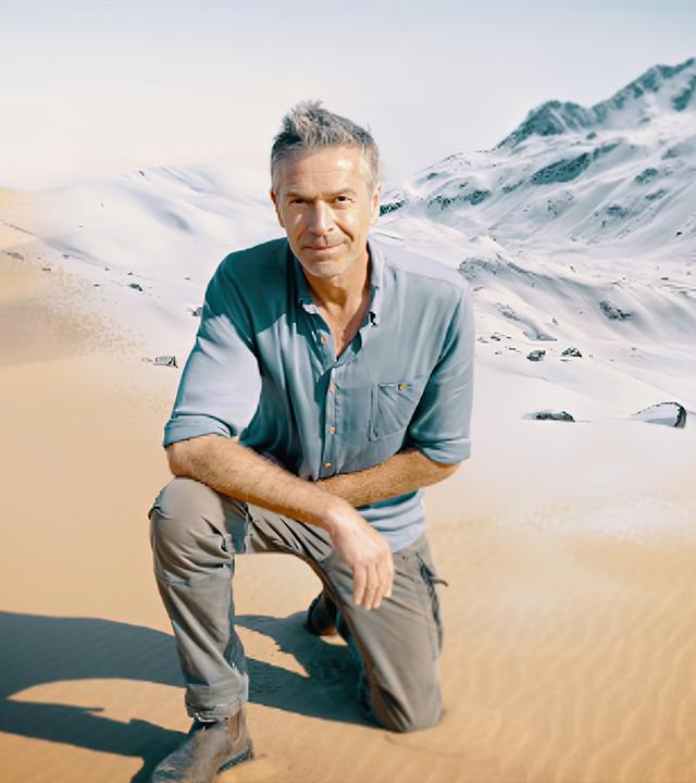 Dirk Steffens kniet. Im Hintergrund eine Wüste und eine Eislandschaft, die ineinander übergehen.