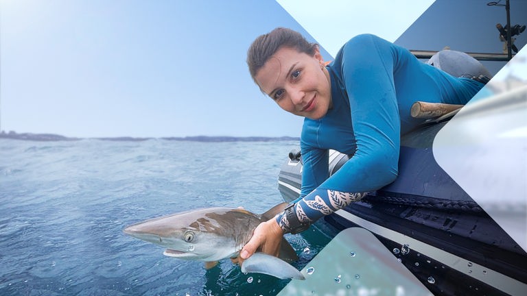 Hannah Emde entlässt einen jungen Dunkelwal in die Freiheit.