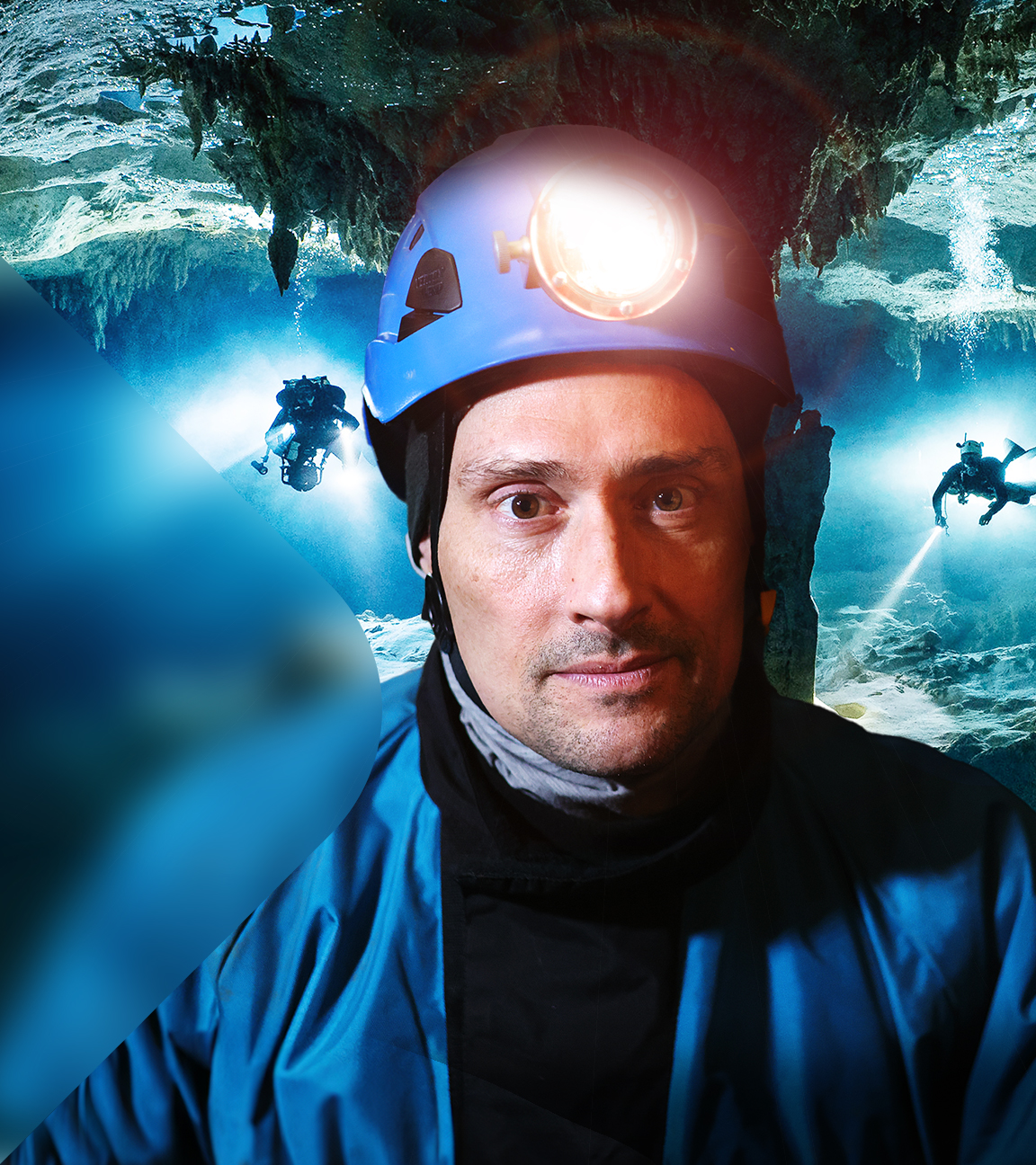 Uli Kunz vor Unterwasserhöhle mit Taucher (Montage)
