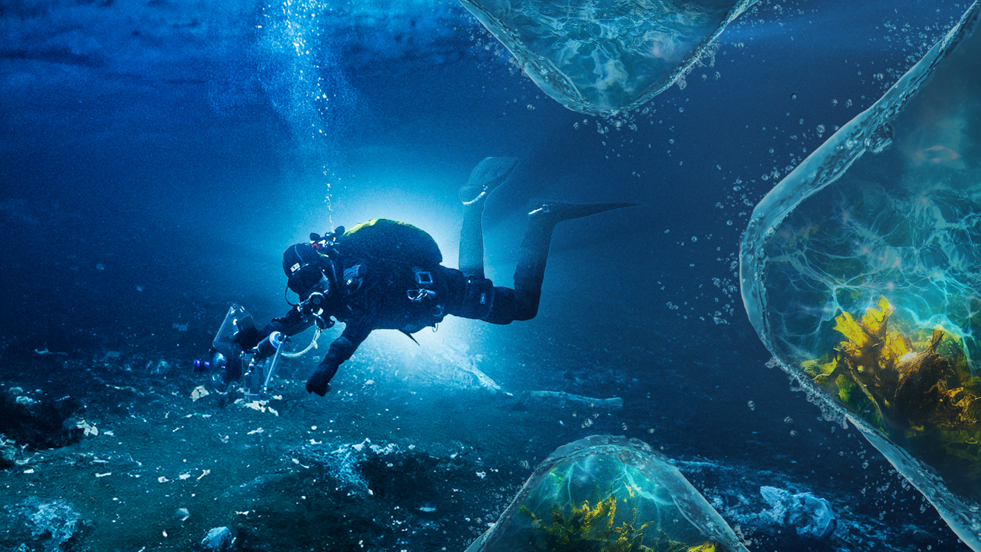 Uli Kunz taucht vor dem Schein einer Lampe im Meer