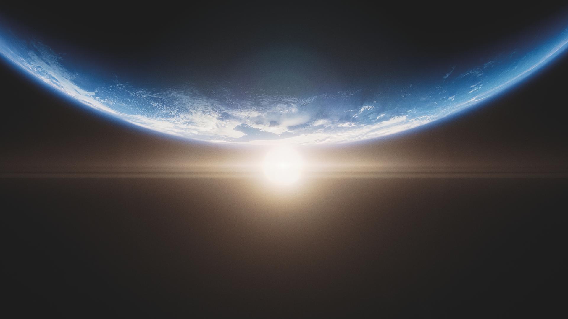 Computeranimation der Oberfläche eines erdähnlichen Planeten aus dem Weltall gesehen. Im Hintergrund ein Stern