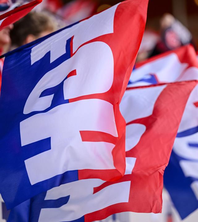 Fahnen des 1. FC Heidenheim in einem Fanblock