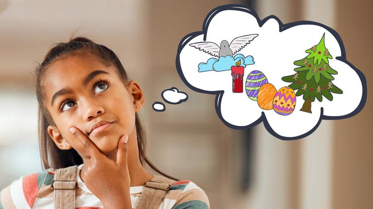 Mädchen denkt nach, über ihre eine Gedankenblase, darin Ostereier, eine Taube, eine Kerze und ein Tannenbaum
