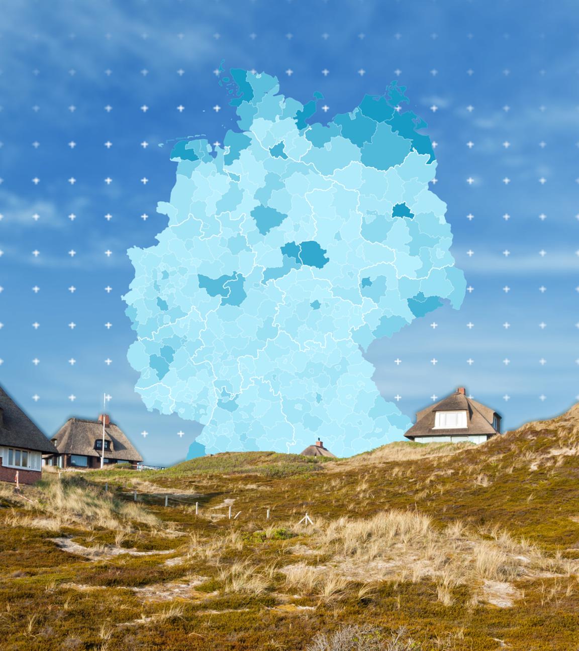 Häuser in einer Gebirgslandschaft, im Hintergrund eine Grafikkarte von Deutschland