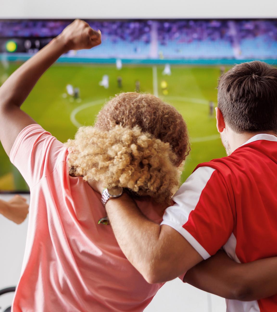 Jubelnde Menschen von hinten schauen ein Fußballspiel auf dem Fernseher