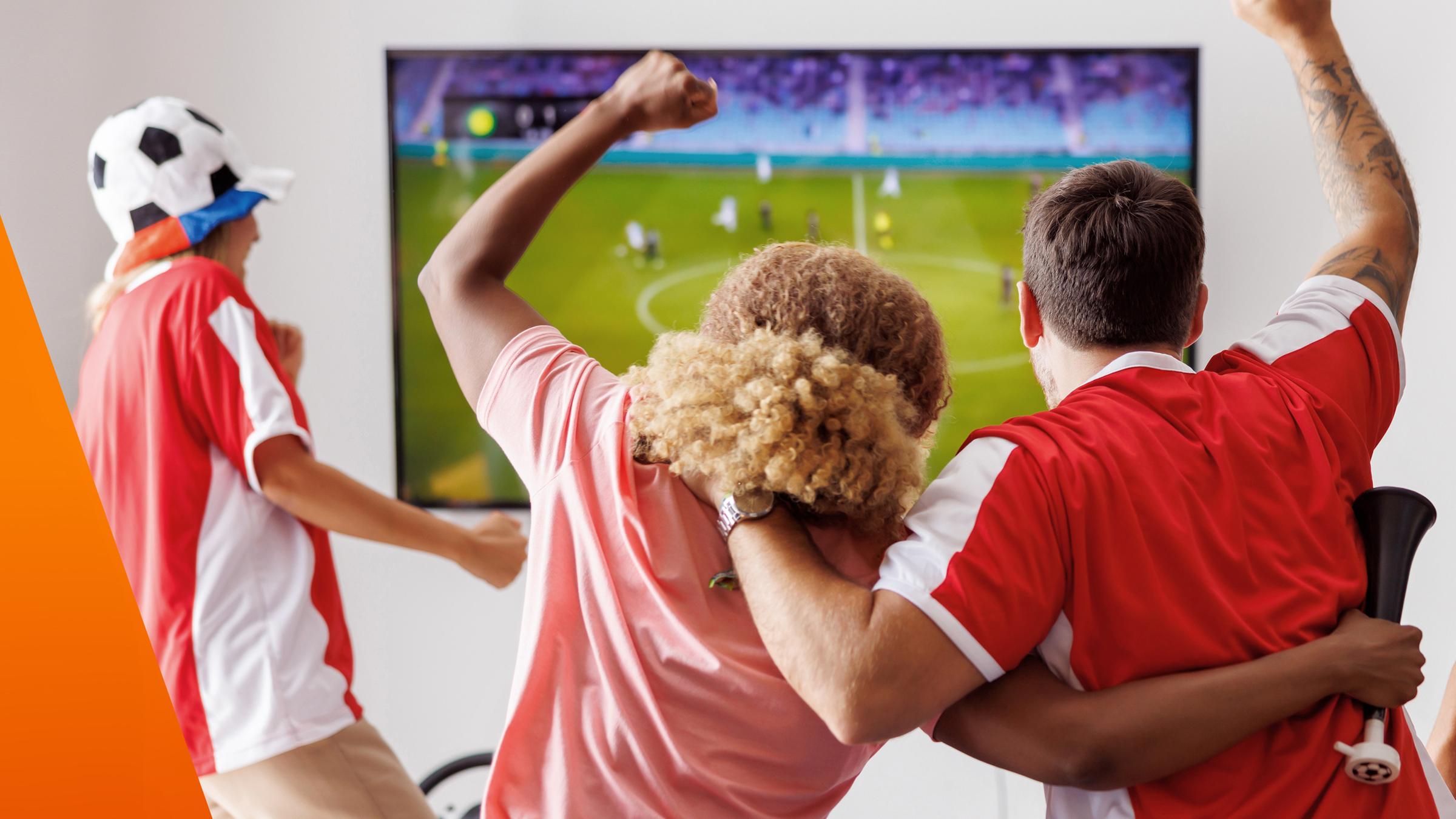 Jubelnde Menschen von hinten schauen ein Fußballspiel auf dem Fernseher