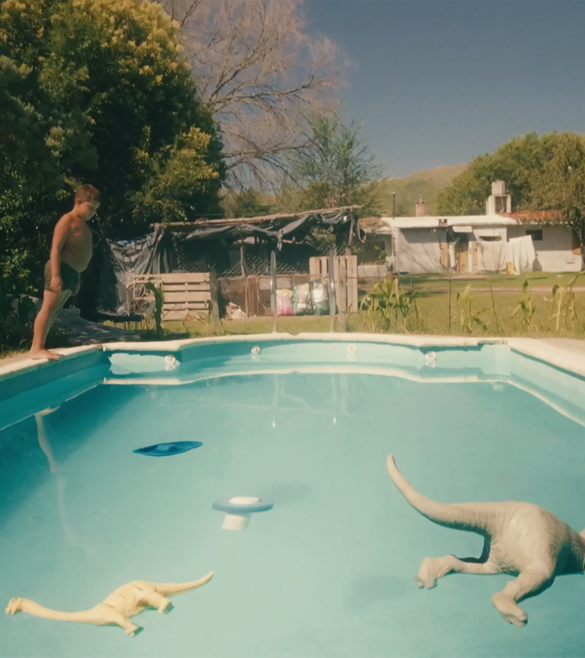 Ein Junge springt in einen Pool, in dem Kunststoffdinosaurier schwimmen.